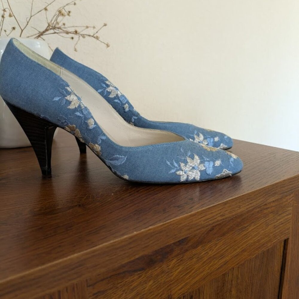 Stuart Weitzman For Mr Seymour Women's Shoes Vintage Blue Floral 9.5 Heels